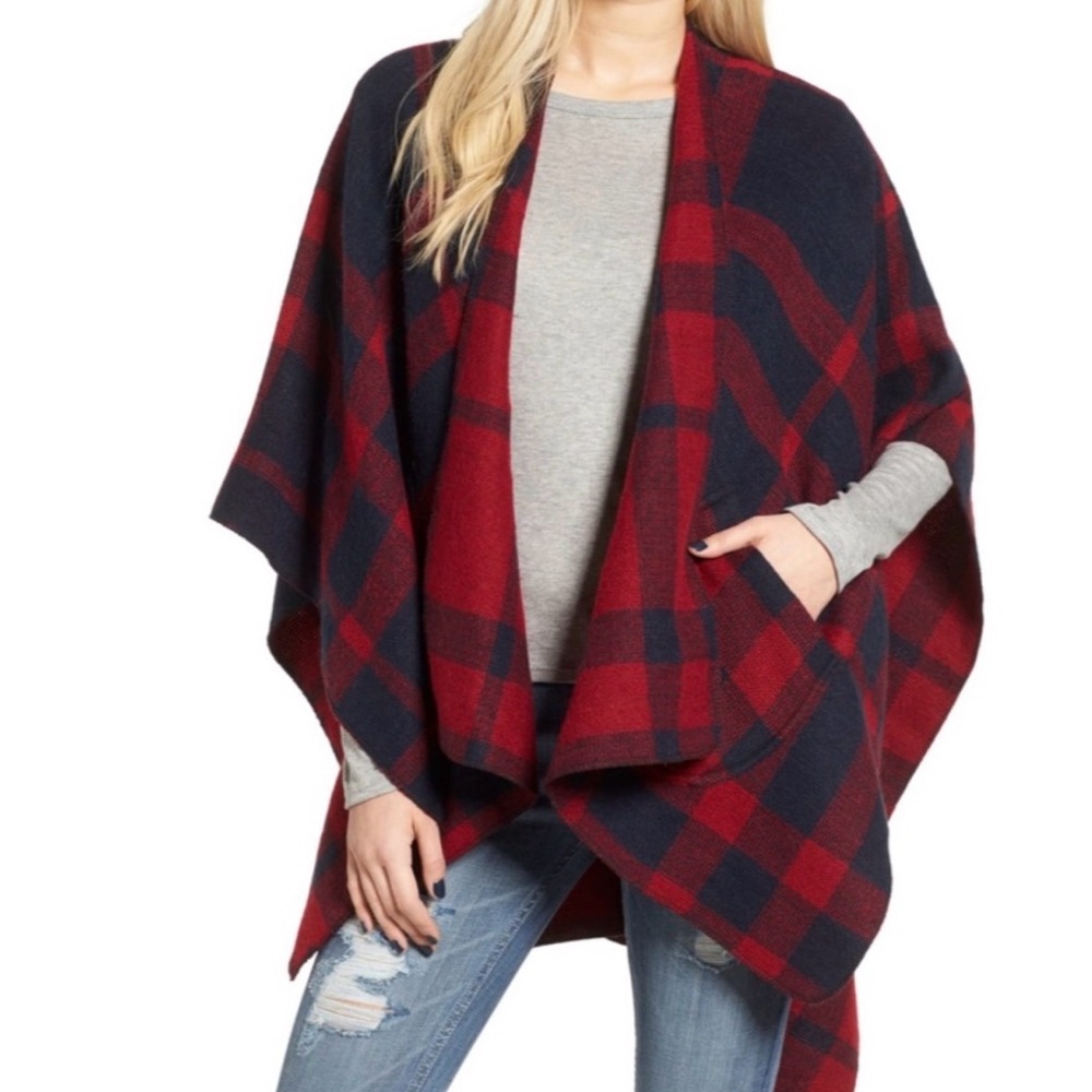 BP Women's Cape Cozy Plaid One Size Red Navy